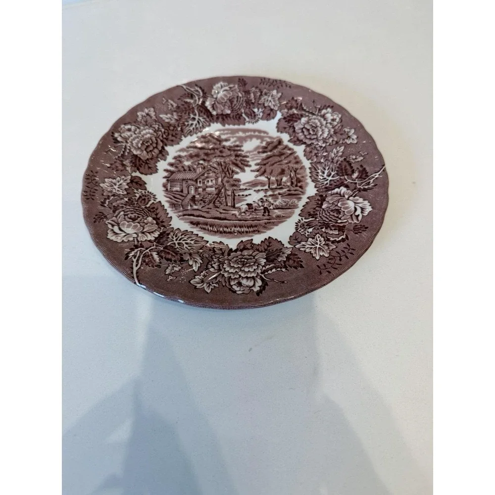 Vintage Wood & Sons Maroon‎ Transferware Salad Plates Lot of 2 English Floral